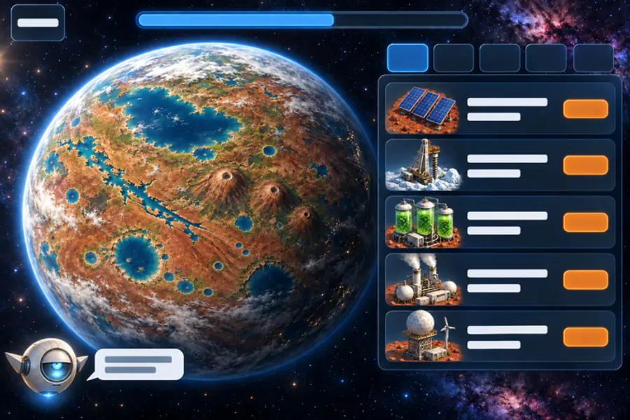 宇宙に浮かぶ海と陸のある惑星と、建物の一覧が並ぶゲーム画面