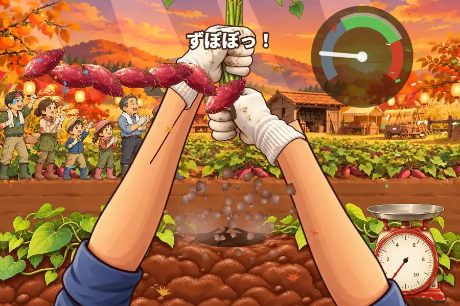 横画面のゲーム画面。夕焼けのさつまいも畑で、白い軍手の両手がつるの束を上へ引っぱり、畝の土から根でつながったさつまいもが飛び出している。手の横に緑から赤へ色が変わる弓形のゲージ、右下に台ばかり、左に応援する家族