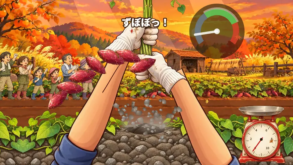 横画面。夕焼けの石の畑で、作業シャツの両腕が引き上げたつるの束から、根でつながった7本のさつまいもがくさりのように飛び出し、土のかたまりが飛び散っている。左に応援する家族、右下に台ばかり