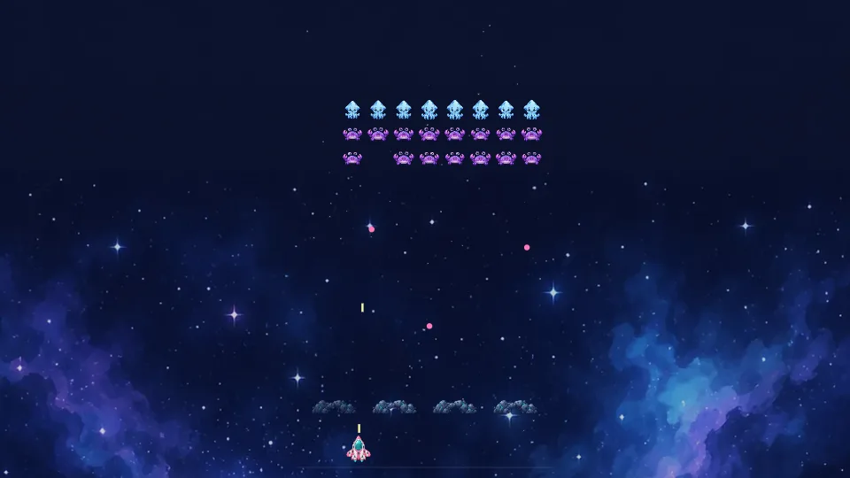 星空に並ぶエイリアンと、下の宇宙船と岩のバリア