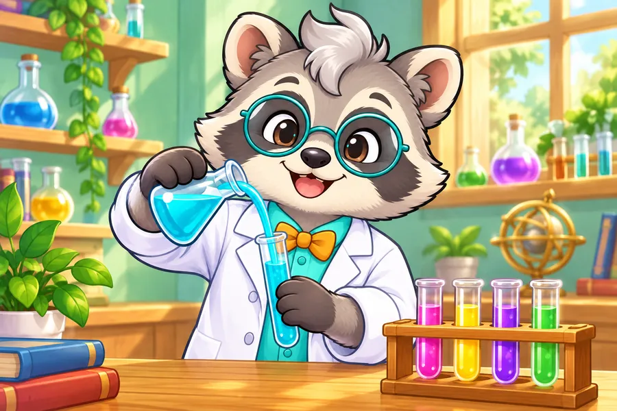 明るい実験室で、アライグマの博士が色水を試験管に注いでいる