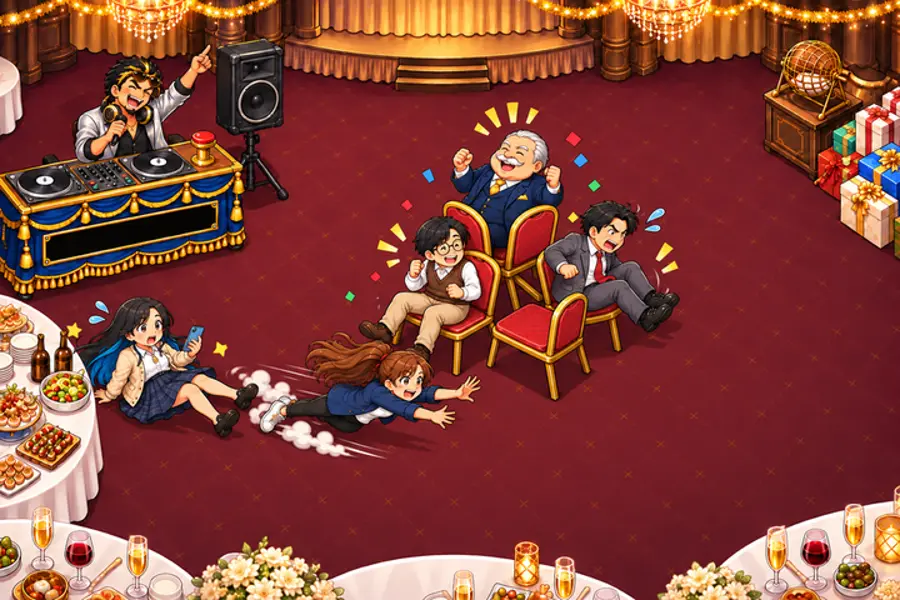 ゲーム画面。ホテルの宴会場の赤いじゅうたんの上で、音楽が止まった瞬間に大人たちがいっせいに金のフレームの赤い椅子へ飛びこんでいる。手前ではポニーテールの女性が土けむりを上げてダイブし、スマホを見ていた女性は出おくれて床にしりもち。左はしのDJブースでは、DJがマイクで叫んでいる