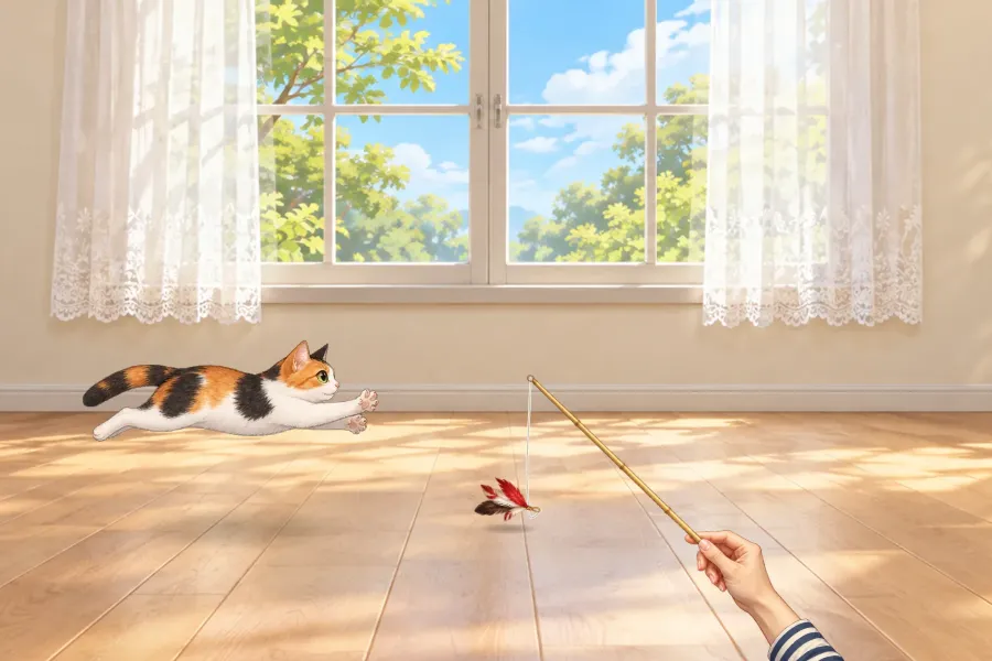日ざしの入るリビングを横から見たゲーム画面。三毛ねこが前足をのばして床の上をとびかかり、その先で、画面の右下から手が持つ竹の棒にひもでつるした羽根のおもちゃが床にふれている