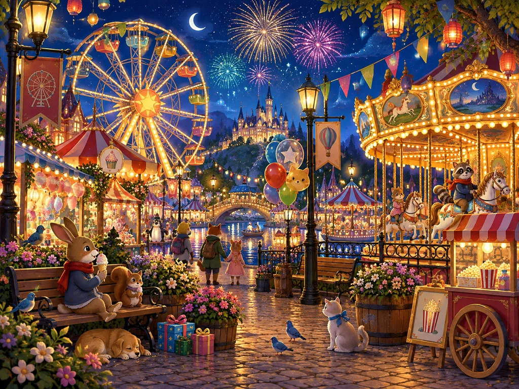 夜の遊園地の場面