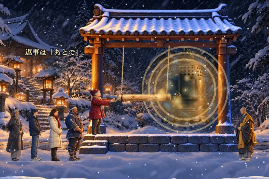 雪の降る夜の寺の鐘楼を真横から見た画面。参拝者が撞き綱を引いて、2本の綱でつり下げられた撞木を後ろへ引き、右に青銅の梵鐘が下がっている