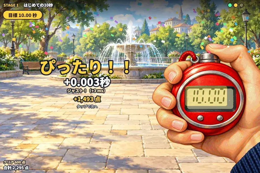 朝の公園で、手に持った赤いストップウォッチを10.00秒で止めたところ。左に「ぴったり！！」と目標との誤差、点数が大きく出て、紙ふぶきが舞っている