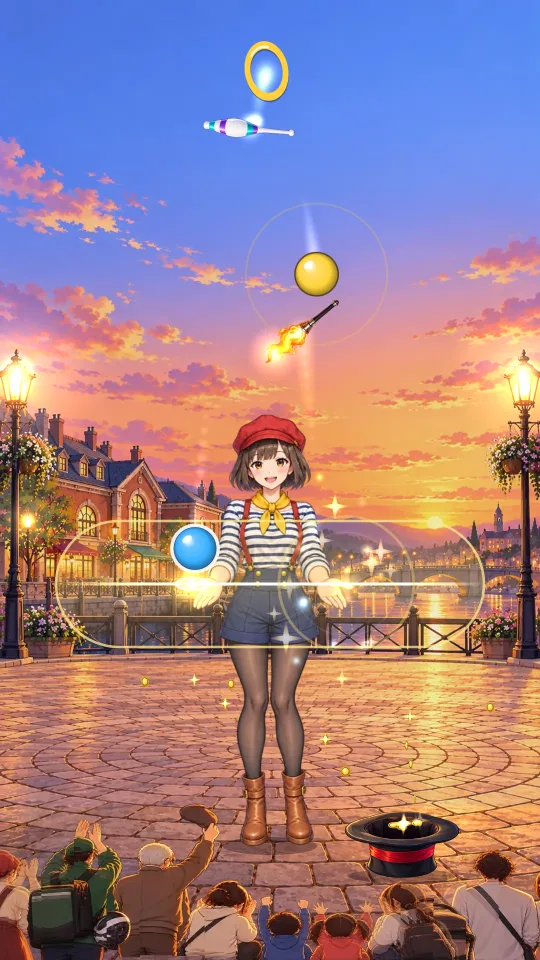 スマホの縦画面。夕焼けの川ぞいの遊歩道で、大道芸人の女性の頭上を金色のリング、クラブ、黄色い玉、火のついたトーチが舞い、腰の高さの金色の帯に青い玉が落ちてくる。足元の帽子にはコイン、手前に観客の後ろ姿