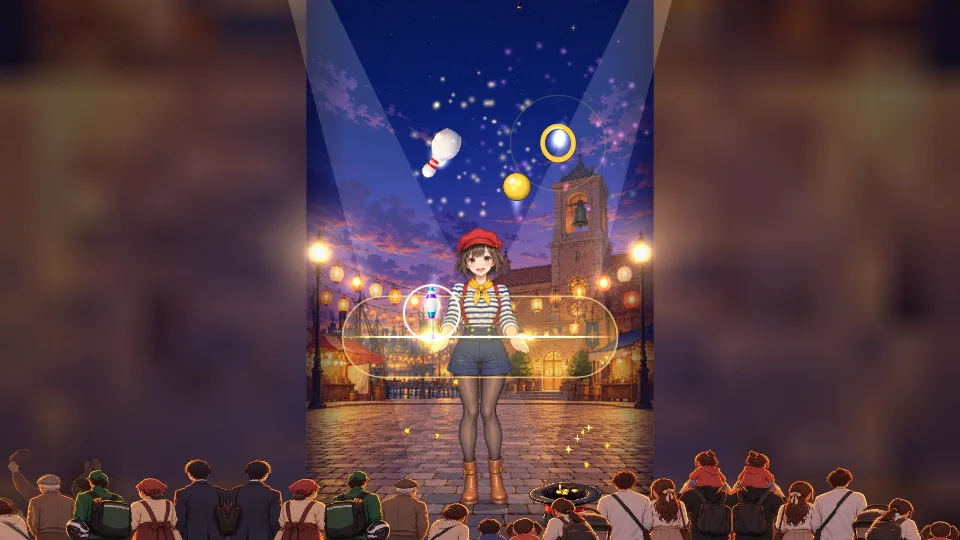 パソコンの横画面。ちょうちんが並ぶ夜まつりの広場で、スポットライトの中の大道芸人が重いピンやリングを投げ上げ、まわりに花火の光が散り、左右に観客の列