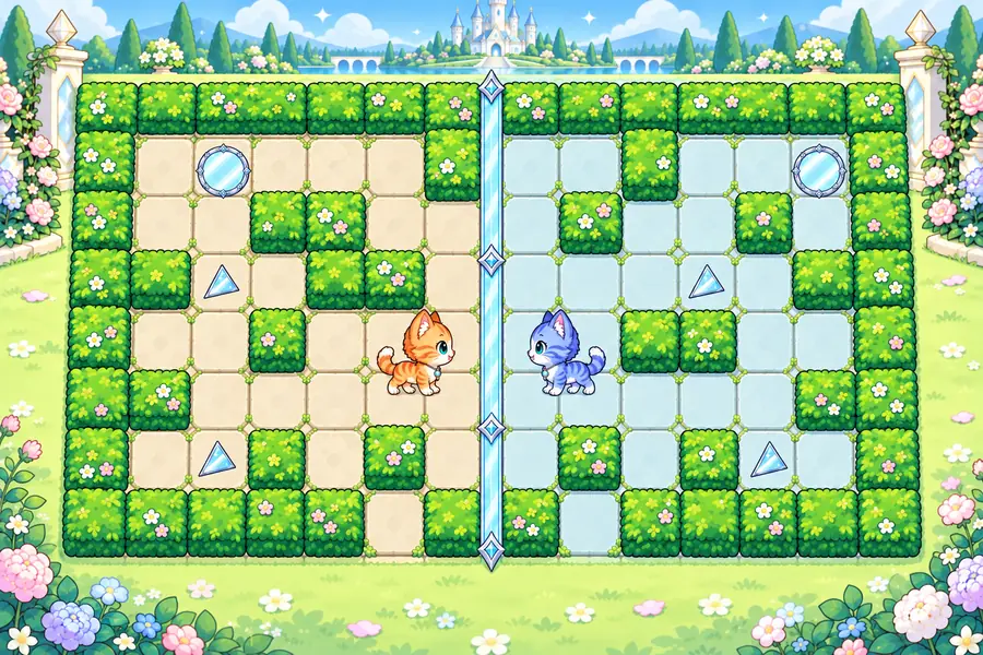 生け垣の迷路が鏡の線で左右に分かれ、オレンジのこねこと青むらさきの鏡のこねこが向かい合っている