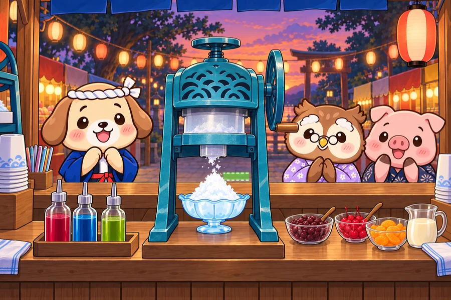 ちょうちんの下のかき氷屋台に色とりどりのかき氷がならび、ゆかたのお客さんたちが集まっている