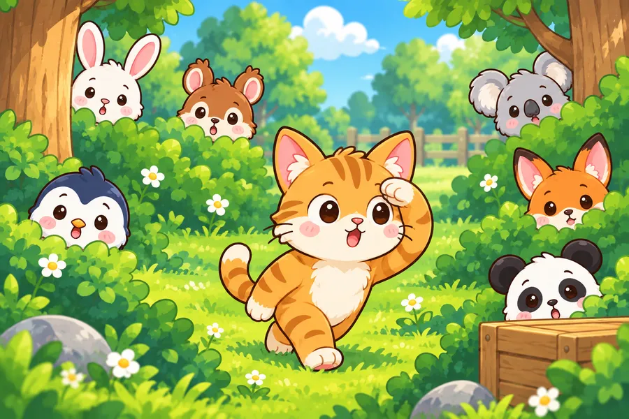 オニのネコが目をあけてさがし、まわりのしげみや木のかげにどうぶつたちがかくれているかくれんぼ