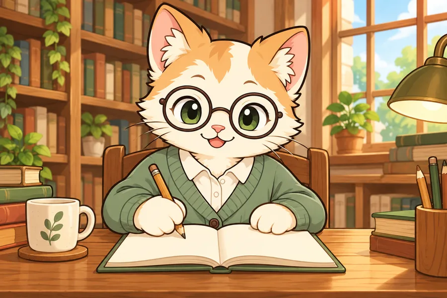 本だなのある図書室で、丸めがねのねこの司書さんがパズル帳にえんぴつで書きこんでいる