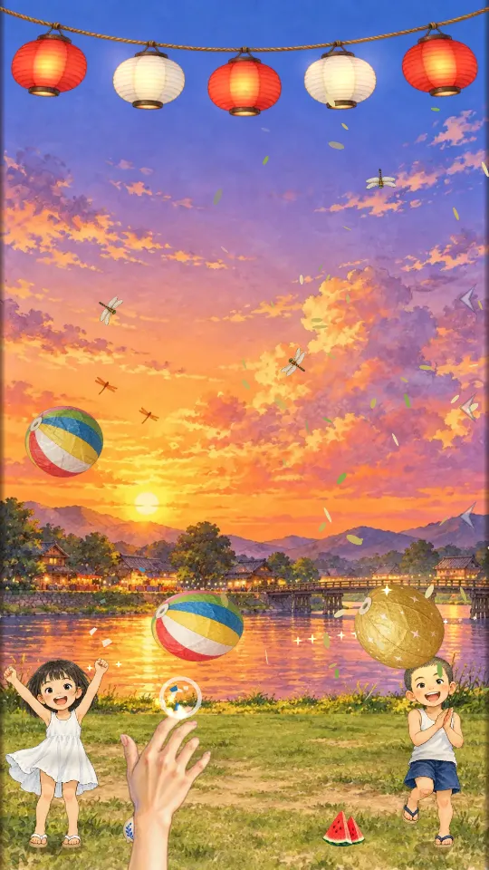 スマホの縦画面。夕焼けの川べりで、上にちょうちんのつながかかり、六色の紙風船が2つと金色の紙風船が宙に浮かぶ。画面の下からのびた手が紙風船をつき上げ、草の土手で女の子と男の子がよろこび、空にとんぼが飛んでいる