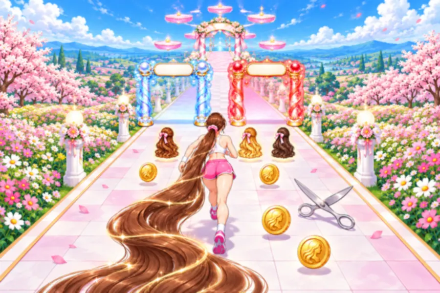 ゲーム画面。花の並木道のピンクと白のタイルの道を、ランナーが奥へ走っている。うなじから栗色のとても長いポニーテールが道の上へ流れ、前方には水色と赤のゲート、道の上にはつけ毛の束とコイン、わきに開いたはさみ