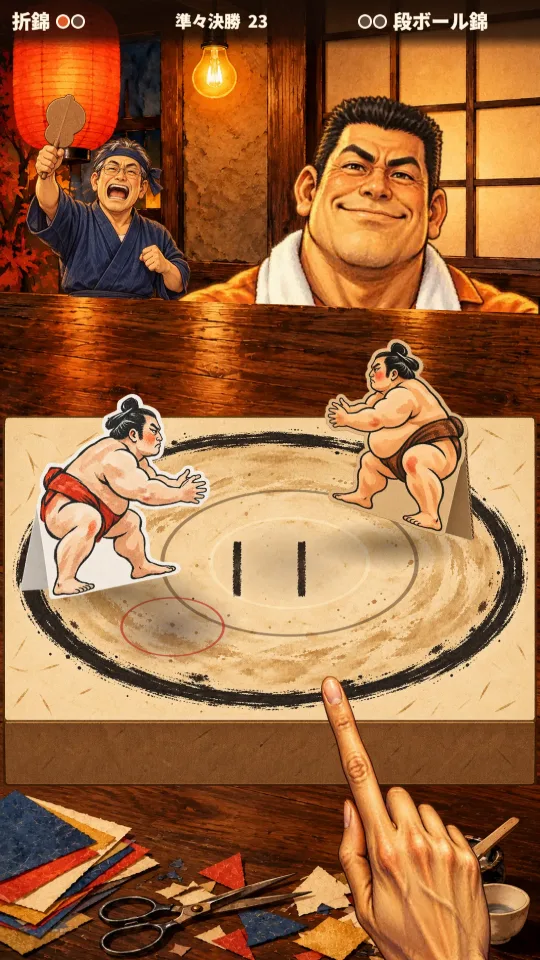 スマホの縦画面。上に対戦相手の常連と行司役の店主、下に座卓の上の箱の土俵があり、紙の力士2体がふたの上に立っている