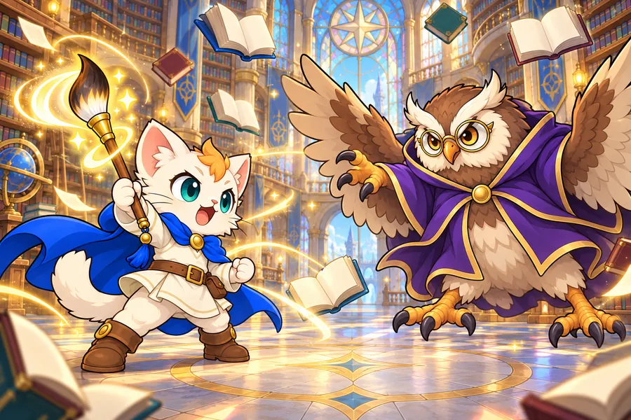 うかぶ本の広間で、ねこの勇者がまほうのふでをかかげ、めがねの大ふくろうの魔物と対決している