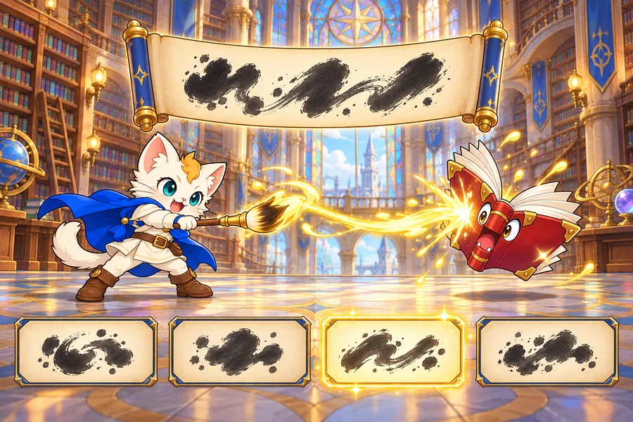 うかぶ本の広間で、ねこの勇者がまほうのふでをかかげ、めがねの大ふくろうの魔物と対決している