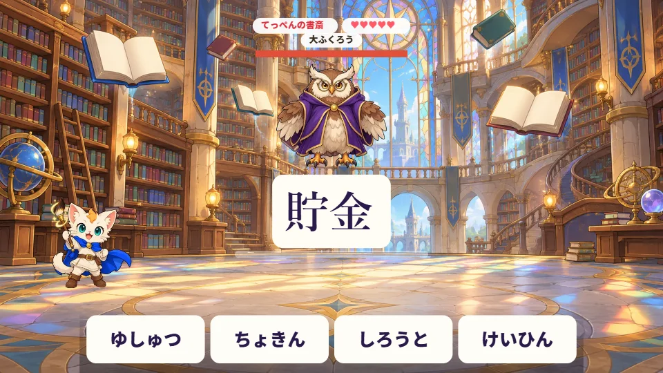 パソコンの画面で、めがねの大ふくろうの下に「貯金」の漢字が出ている場面