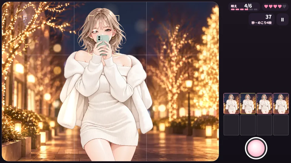 横画面。冬のイルミネーションの並木道で、白いファーのコートの女性が両手でスマホを持って口もとをかくしている。右がわに撮った写真のフィルムとシャッターボタン