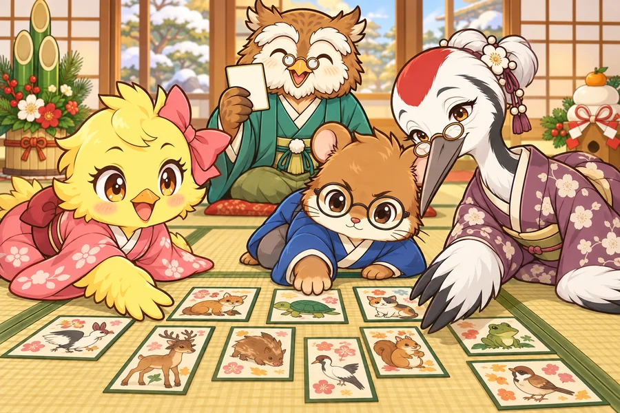 お正月のたたみの部屋で、フクロウが読み札を読み、どうぶつたちが絵札に手をのばすかるた大会