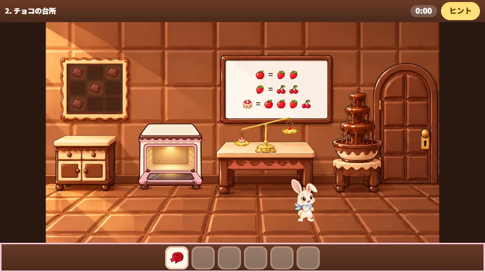 パソコンの画面で、チョコの台所に板チョコの額、あいたオーブン、くだもののおもさの絵がかかれたホワイトボード、ケーキをのせた天びん、チョコの噴水がある