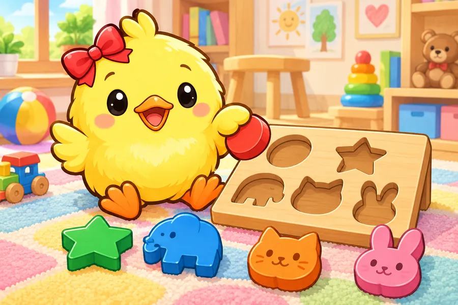 明るい子ども部屋で、ひよこが色とりどりの木のピースと型はめの板の前でよろこんでいる