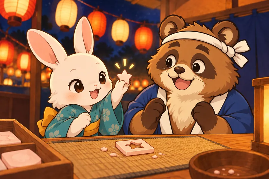 ちょうちんの下の型ぬき屋で、ウサギの子どもが星の型をぬいて見せ、はちまきのタヌキのおやじがおどろいている
