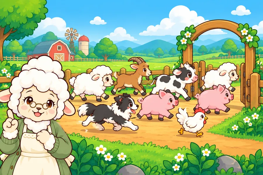のどかな牧場で、たくさんの動物が門をくぐって走っていき、ひつじのおばあさんが数えている