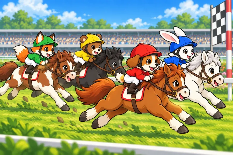 晴れた競馬場のゴール前で、子いぬ騎手の栗毛のポニーが、うさぎ・くま・きつねの騎手のポニーとせりあっている