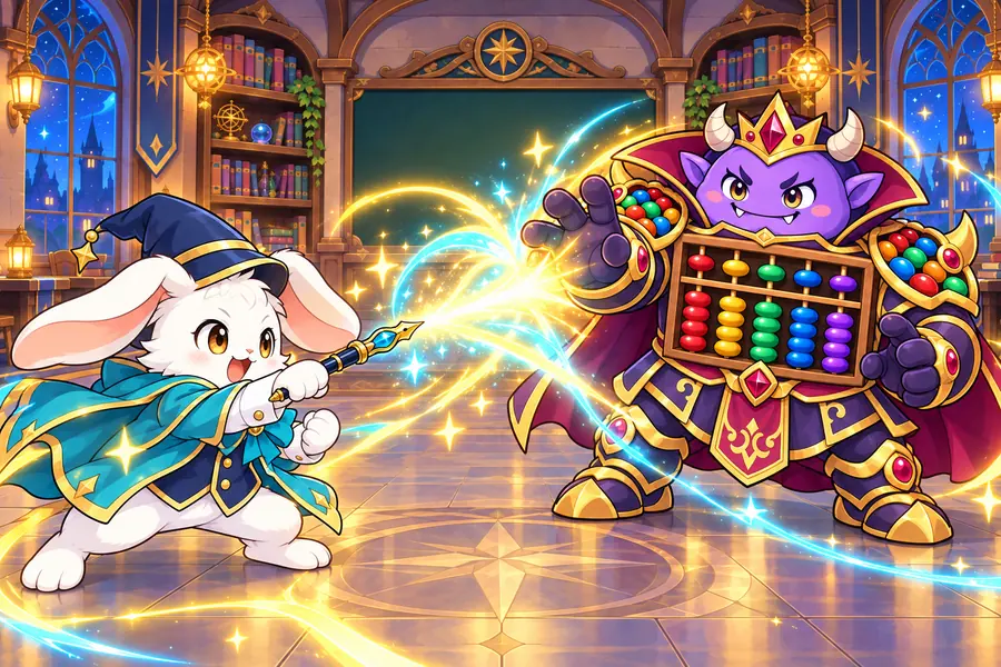 魔法学校で、ウサギの見習い魔法使いがペンから光の魔法を放ち、そろばんの大魔王と向かい合っている