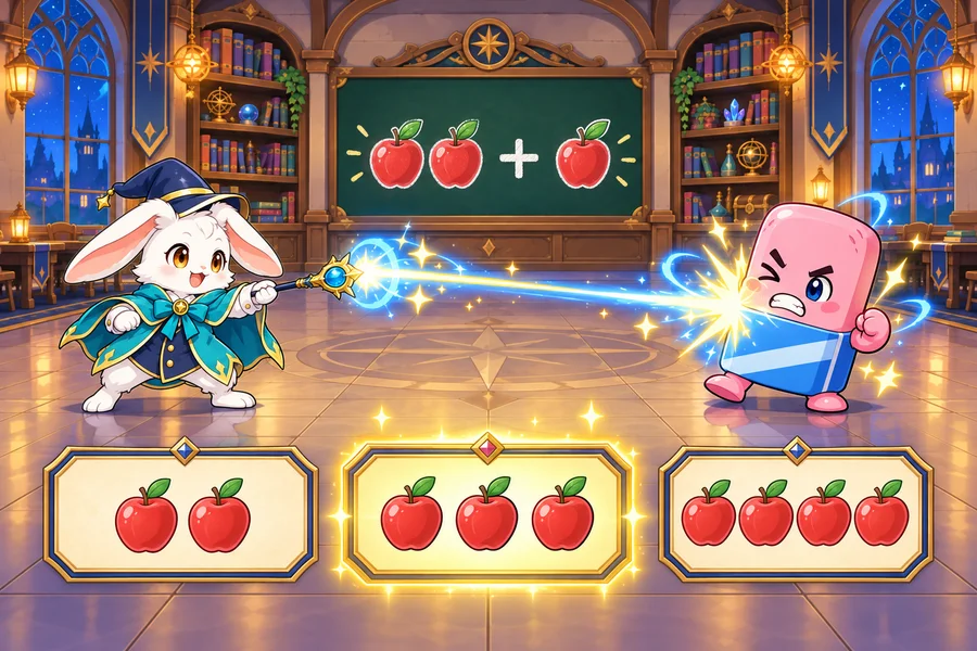 魔法学校で、ウサギの見習い魔法使いがペンから光の魔法を放ち、そろばんの大魔王と向かい合っている