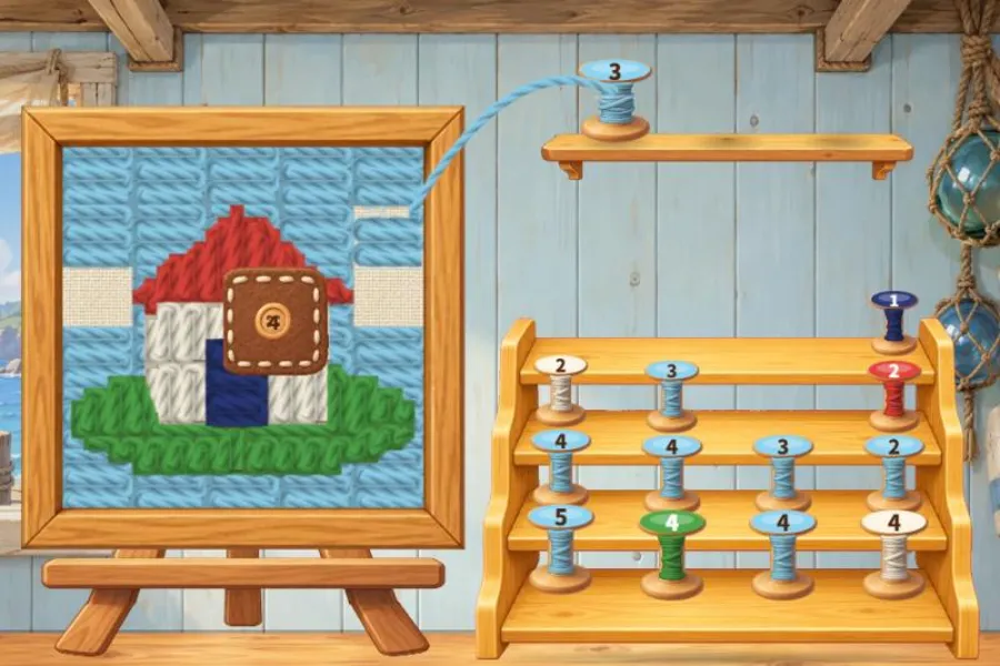 ゲーム画面。卓上イーゼルの額に毛糸で編んだ家の絵が飾られ、棚の水色の糸巻きへ毛糸が一本のびている。右の階段状の木の台に色ちがいの糸巻きが並ぶ