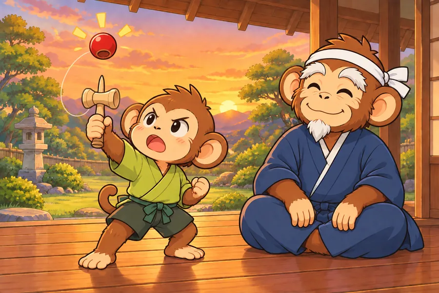 夕焼けの縁側で、赤い玉が空中に舞い、子ザルがけん先で受けようとしているのをサルの先生が見守る