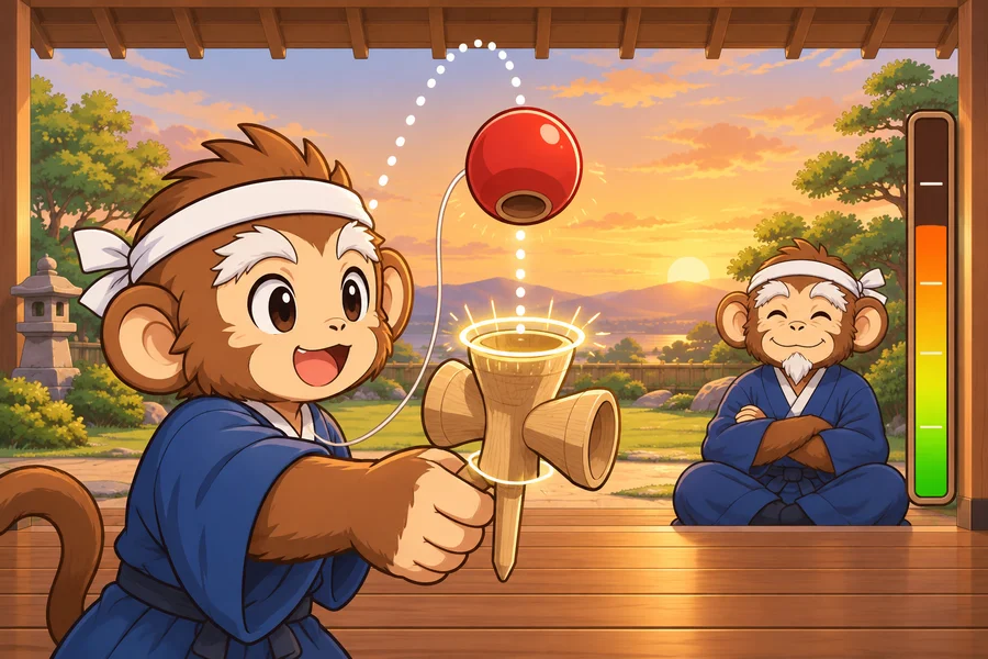 夕焼けの縁側で、赤い玉が空中に舞い、子ザルがけん先で受けようとしているのをサルの先生が見守る