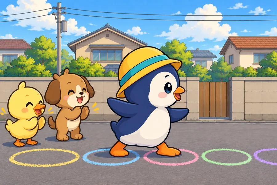 チョークの輪がつづく路地で、帽子のペンギンの子が「ぱ」で着地し、アヒルとイヌの子が拍手している