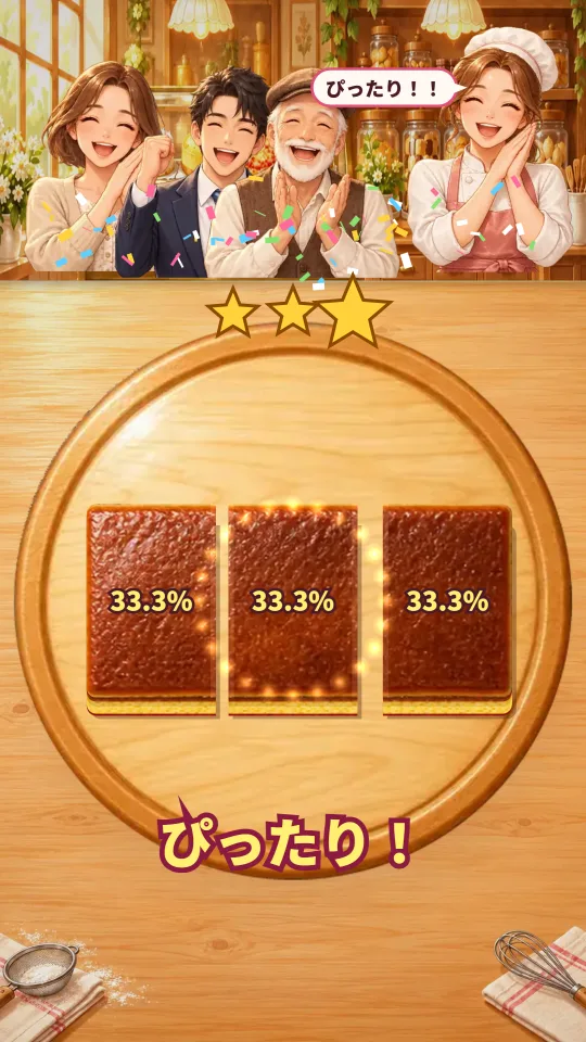 スマホの縦画面。洋菓子店のテーブルの木のまな板の上で、カステラが2本のまっすぐな線で3つに切り分けられ、どれにも33.3%と出ている。上に★3つ、奥でお客さん3人と店主が大よろこび