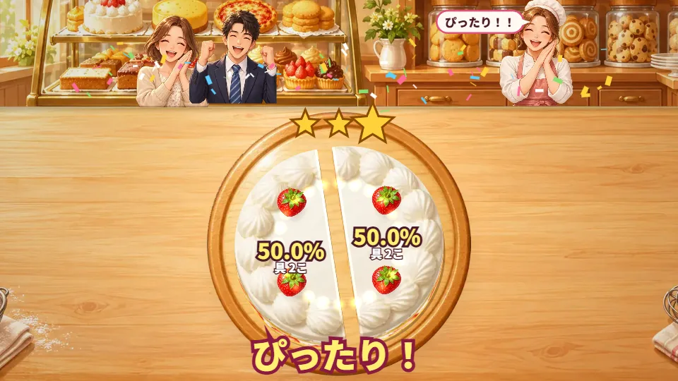 横画面。まるいいちごのショートケーキがたて一直線に切れて離れ、どちらも50.0%・具2こと出ている。上に★3つ、下に大きな文字でぴったり！