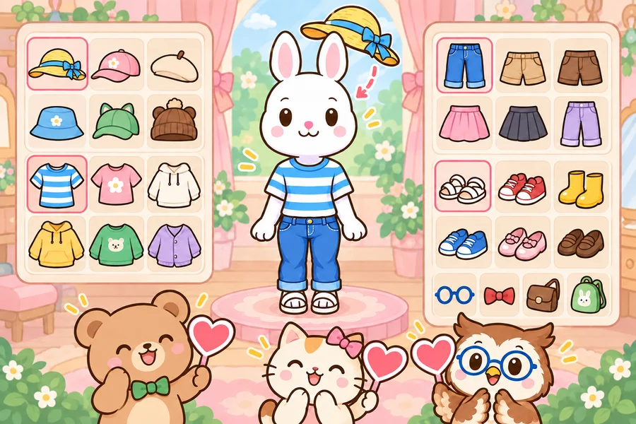 ファッションショーのランウェイで、しましまのTシャツ、白いセーター、ピンクのワンピースを着た3びきのうさぎがポーズをとり、両がわのたなに服とぼうしがならんでいる
