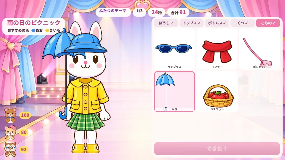 パソコンの横長画面で、「雨の日のピクニック」のテーマに、レインハット・レインコート・チェックのスカート・長ぐつ・かさのうさぎ。右に服のたな、左下にしんさいんの点