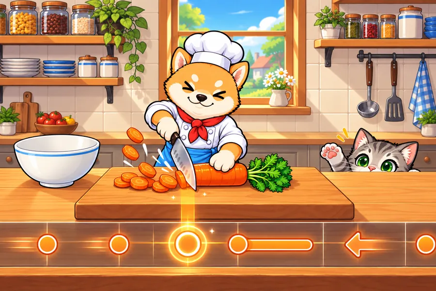 明るいキッチンで、しばいぬのコックさんがまな板のにんじんを包丁でトントンきざみ、輪切りがとんでいる。左に白いボウル、右から子ねこが前足をのばし、手前にリズムの帯が流れている