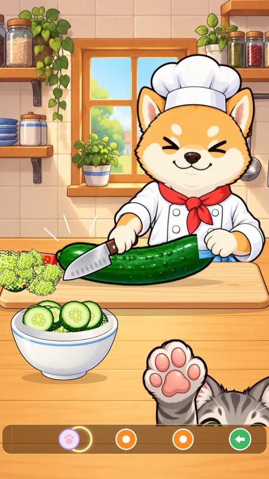 スマホの縦画面でサラダを作っている。しばいぬのコックさんがきゅうりに包丁をおろし、まな板にはせん切りキャベツ、ボウルにはきゅうりの輪切り。右下から子ねこが肉球を見せ、下のリズムの帯に肉球マークとオレンジの丸、みどりの矢印が流れている