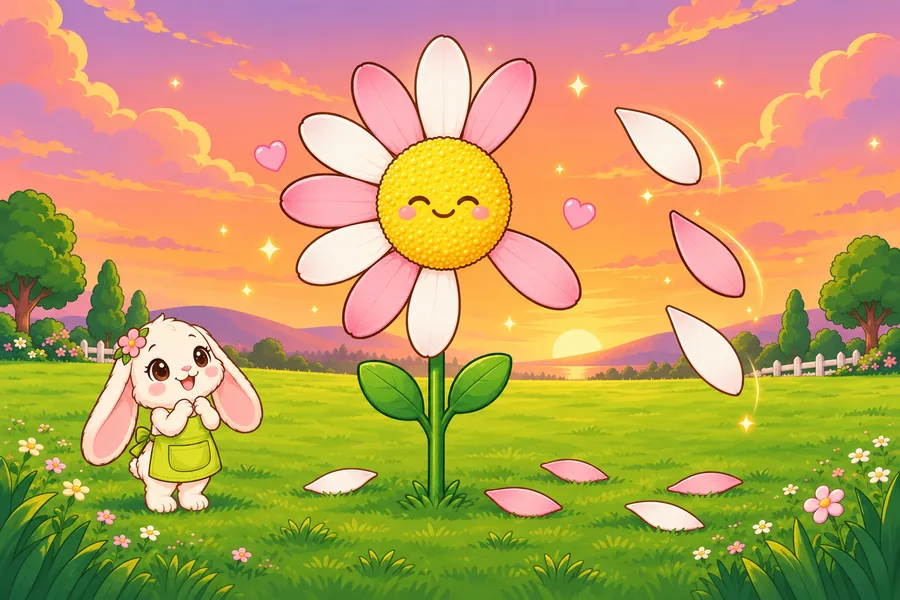 夕焼けの花畑に大きな花が1本立ち、白ともも色の花びらが何まいかぬけて空に舞い、左下でロップイヤーのうさぎが見上げている