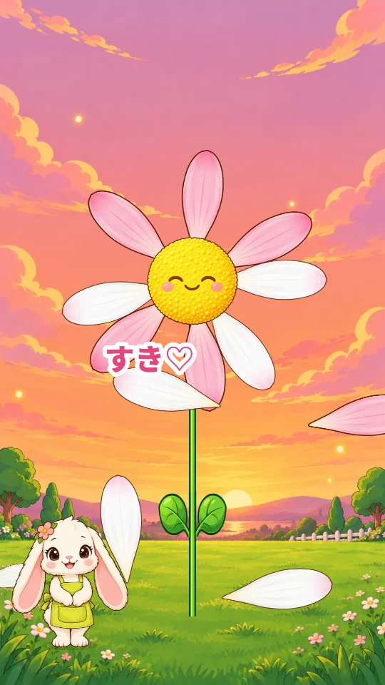 スマホの縦画面で、夕焼けの花畑に立つ大きな花から何まいか花びらがぬけて、「すき」の文字が出ている。左下にうさぎのララ