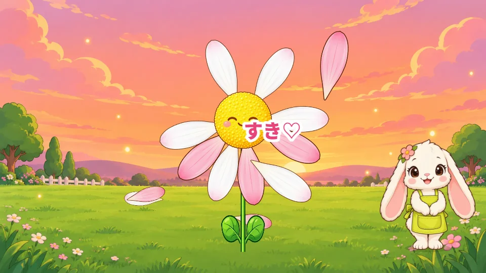 パソコンの横画面で、花畑のまんなかの大きな花から花びらがぬけて草の上に落ち、右にうさぎのララが立っている