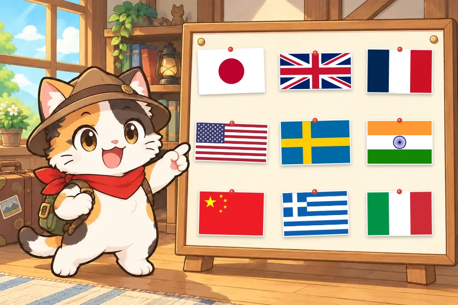 旅の部屋で三毛ねこのミケが、日本・イギリス・フランスなど9か国の国旗をはった掲示板を指さしている