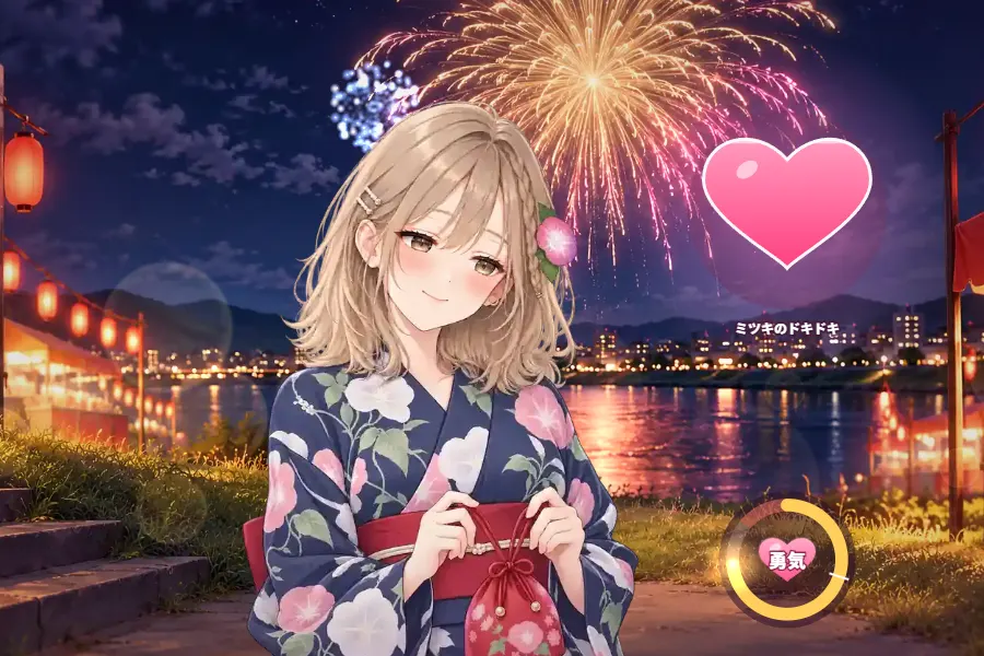 夏祭りの夜、花火の下で浴衣のミツキが照れているゲーム画面。右にピンクのハートのドキドキメーター、右下に勇気の輪