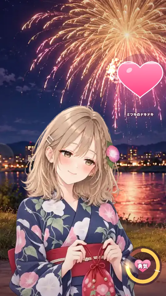 スマホの縦画面。夏祭りの花火の下、浴衣のミツキが頬を赤くしている。右上にピンクのハートのドキドキメーター、右下に半分以上たまった勇気の輪