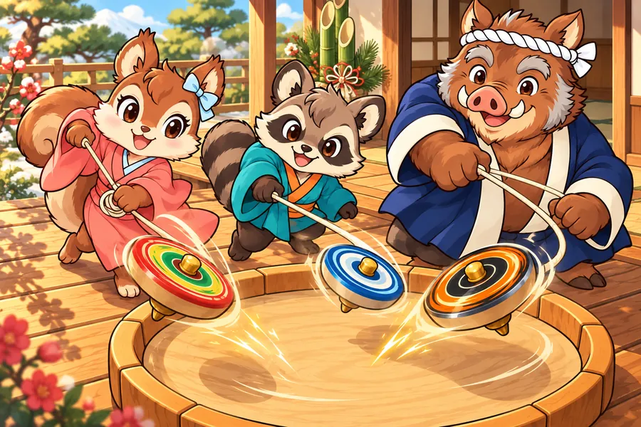 お正月の縁側で、どうぶつたちがひもを引いてこまを投げるこま回し大会