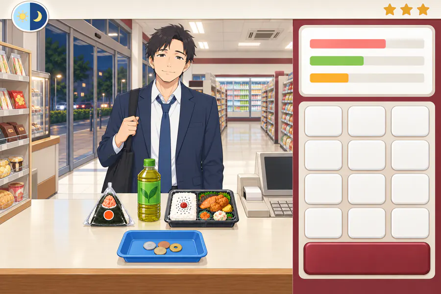 夜のコンビニのレジカウンター。カウンターの向こうに会社員のお客さんが立ち、カウンターの上におにぎりや飲み物、右に会計用のテンキー