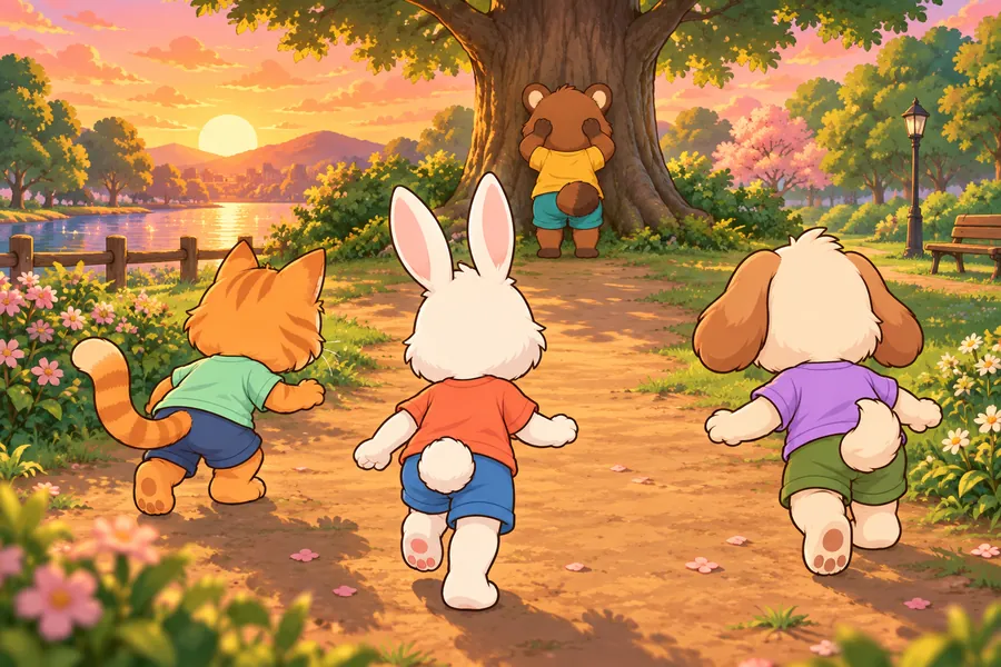 夕方の公園で、だるまさんがころんだをして遊ぶ動物たち